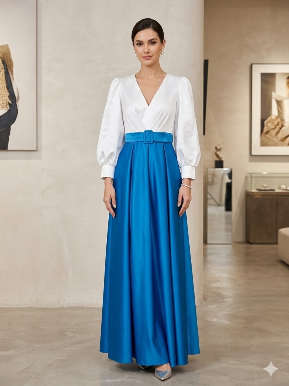 White and Bright Blue V-Neck Puff Sleeve Belted Dress - Picture 1 of 7